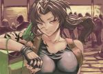  1girl armpit_holster black_lagoon breasts brown_hair collarbone crowd eyelashes fingerless_gloves gloves holster large_breasts lips long_hair panko_(drive_co) phone phone_booth ponytail red_eyes revy_(black_lagoon) solo tattoo upper_body 