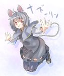  1girl animal_ears black_footwear black_legwear capelet character_name full_body gem grey_hair grey_skirt grey_vest jewelry jumping long_sleeves mouse_ears mouse_tail nazrin open_mouth ototobe outline outstretched_arms red_eyes shirt short_hair skirt skirt_set solo tail thigh-highs touhou vest white_shirt 