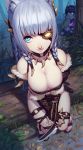  2girls animal_ears bare_shoulders blue_eyes braid breasts brown_gloves cleavage daye_bie_qia_lian eyepatch fingerless_gloves garter_straps gloves glowing glowing_eyes highres holding holding_weapon jewelry kha&#039;zix league_of_legends log long_hair looking_at_viewer multiple_girls necklace rengar sandals sitting smile thigh-highs thigh_strap weapon yellow_eyes 
