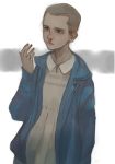  1girl androgynous blood brown_hair dress eleven highres nosebleed season_(artist) short_hair solo stranger_things windbreaker 