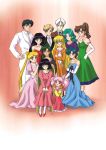  2boys 6+girls ;d aino_minako aqua_hair artemis_(sailor_moon) bishoujo_senshi_sailor_moon black_hair blonde_hair blue_dress blue_eyes blue_hair bow brown_hair cat chair chiba_mamoru chibi_usa closed_eyes double_bun dress earrings elbow_gloves everyone formal glasses gloves green_dress green_eyes green_hair hair_bobbles hair_bow hair_bun hair_ornament hino_rei hino_ryutaro jewelry kaiou_michiru kino_makoto long_hair looking_at_viewer luna_(sailor_moon) meiou_setsuna mizuno_ami multiple_boys multiple_girls one_eye_closed open_mouth orange_dress pink_dress pink_hair plaid plaid_skirt ponytail red_bow red_eyes reverse_trap short_hair sitting skirt smile standing suit ten&#039;ou_haruka tomoe_hotaru tomoe_souichi tsukino_usagi twintails violet_eyes white_bow white_gloves white_hair 