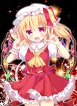  1girl :d ascot blonde_hair blush double_v eyebrows eyebrows_visible_through_hair fang flandre_scarlet hat looking_at_viewer miniskirt open_mouth pink_eyes red_skirt rika-tan_(rikatantan) short_hair side_ponytail skirt smile solo star touhou v wings 