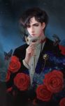  1boy bishoujo_senshi_sailor_moon black black_hair blue_eyes brooch butterfly chain chiba_mamoru domino_mask feathers flower formal jewelry looking_at_viewer male_focus mask portrait realistic red_rose rose solo space star_(sky) suit tuxedo tuxedo_kamen yinse_qi_ji 
