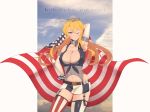  1girl absurdres american_flag american_flag_legwear arm_behind_back armpits bad_id bare_shoulders blonde_hair blue_eyes breasts cleavage clouds cloudy_sky collarbone elbow_gloves english fingerless_gloves flag_print front-tie_top garter_straps gloves hair_between_eyes hand_on_hip headgear highres iowa_(kantai_collection) kanntsukirin kantai_collection large_breasts light_smile looking_at_viewer miniskirt mismatched_legwear navel_cutout one_eye_closed skirt sky solo star star-shaped_pupils striped striped_legwear symbol-shaped_pupils thigh-highs thighs vertical-striped_legwear vertical_stripes zettai_ryouiki 