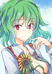  1girl blush breasts center_opening cleavage commentary_request flower green_hair kazami_yuuka long_sleeves looking_at_viewer medium_breasts no_bra open_clothes open_vest plaid plaid_vest red_eyes shirt short_hair smile solo suichuu_hanabi sunflower touhou upper_body vest white_shirt 