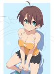  1girl arm_support bare_shoulders blue_eyes blush breasts brown_hair chair cleavage hoppege looking_at_viewer new_game! shinoda_hajime short_hair shorts smile solo 