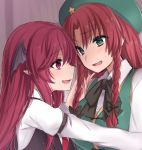  2girls :d aqua_eyes arm_garter asa_(coco) beret black_bow black_vest blue_eyes blush bow braid chinese_clothes close-up commentary_request demon_girl demon_wings face-to-face fang from_side hair_bow hat head_wings hong_meiling juliet_sleeves koakuma long_hair long_sleeves multiple_girls necktie open_mouth pointy_ears puffy_sleeves red_eyes red_necktie redhead smile star sweat touhou twin_braids upper_body wings yuri 