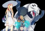  1girl aggron artist_request bag black_background blonde_hair clenched_hands dress glowing glowing_eyes green_eyes hat komala lillie_(pokemon) long_hair looking_to_the_side mega_aggron mega_pokemon open_mouth pokemon pokemon_(creature) pokemon_(game) pokemon_sm shoulder_bag standing white_dress white_hat 
