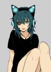  1girl alternate_costume animal_ears axent_wear cat_ear_headphones cat_ears crnksg eyepatch fang green_eyes green_hair grey_background jewelry kantai_collection kiso_(kantai_collection) messy_hair necklace open_mouth shirt short_hair sitting sketch solo t-shirt 