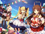  3girls :d ahoge aircraft airplane anchor andrea_doria_(zhan_jian_shao_nyu) bag bare_shoulders black_bow black_gloves black_legwear black_ribbon black_skirt blue_eyes blue_sky bow bread breasts brown_hair caio_duilio_(zhan_jian_shao_nyu) cake can capelet carrying chain dutch_angle eyes_visible_through_hair food frills frown gloves hair_ornament hat headgear italian_flag italy jianren large_breasts long_hair multiple_girls necktie ocean official_art open_mouth outdoors paper_bag popcorn red_bow red_eyes red_ribbon ribbon shirt skirt sky small_breasts smile smokestack snack straw_hat string_of_flags striped striped_necktie thigh-highs twintails under_boob very_long_hair violet_eyes vittorio_veneto_(zhan_jian_shao_nyu) waving white_hair white_shirt zettai_ryouiki zhan_jian_shao_nyu 