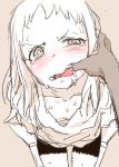  1girl bike_shorts blush character_request copyright_request d:&lt; dark_skinned_male looking_at_viewer nametake pale_skin pov saliva sketch solo_focus tearing_up 