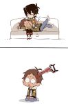  2boys black_hair blood brown_hair chibi comic couch dark_skin dark_skinned_male hood hoodie hyakujuu-ou_golion impaled jacket keith_(voltron) lance_(voltron) lap_pillow male_focus multiple_boys open_clothes open_jacket sword voltron:_legendary_defender weapon 