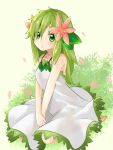  1girl blush commentary_request daifukumochi_(akaaokiiwo) dress flower grass green_eyes green_hair hair_flower hair_ornament highres long_hair looking_at_viewer personification petals pokemon shaymin sitting solo v_arms wariza 