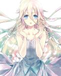  1girl alicetype blue_eyes breasts cleavage collarbone crying crying_with_eyes_open dress hair_between_eyes highres ia_(vocaloid) long_hair looking_at_viewer silver_hair smile solo tan tears vocaloid white_background white_dress 
