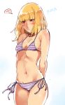  1girl arms_behind_back bangs bikini blonde_hair blunt_bangs blush breasts brown_eyes cleavage dated highres kenshin187 midorikawa_hana navel prison_school purple_bikini short_hair side-tie_bikini simple_background solo spoken_blush striped striped_bikini swimsuit white_background 