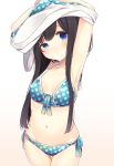  1girl ao_no_neko armpits arms_up bikini black_hair blue_bikini blue_eyes breasts front-tie_bikini front-tie_top gradient gradient_background highres navel original polka_dot polka_dot_bikini shirt_lift side-tie_bikini sidelocks simple_background small_breasts solo swimsuit thigh_gap undressing 