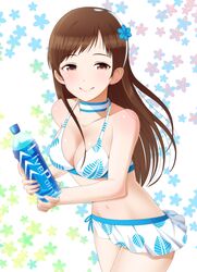  1girl absurdres bikini bottle breasts brown_eyes brown_hair choker cleavage hairband highres idolmaster idolmaster_cinderella_girls long_hair nitta_minami noukatu smile solo swimsuit water_bottle 