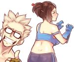 1boy 1girl :d bare_shoulders beads bespectacled black-framed_eyewear blue_gloves blue_legwear breasts brown_hair closed_eyes fingerless_gloves from_behind glasses glasses_switch gloves green_gloves grin hair_bun hair_ornament hair_stick hands_up junkrat_(overwatch) large_breasts looking_at_viewer mei_(overwatch) off_shoulder open_mouth overwatch pants short_hair sieyarelow simple_background smile spiky_hair strap_slip tank_top thumbs_up white_background 
