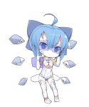  1girl alternate_costume barefoot blue_eyes blue_hair breasts chibi cirno mecha_musume mechanical_wings ootsuki_momiji ribbon short_hair solo toeless_legwear touhou under_boob visor wings 