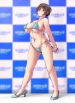  1girl arms_behind_back bikini blue_bikini blurry blush breasts brown_eyes brown_hair cleavage commentary_request depth_of_field full_body gloves high_heels idolmaster idolmaster_cinderella_girls looking_at_viewer navel oikawa_shizuku short_hair simple_background smile solo swimsuit tsuda_nanafushi weapon white_gloves 