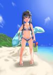  1girl akatsuki_(kantai_collection) alternate_eye_color alternate_hairstyle anchor_symbol aqua_eyes bare_shoulders barefoot_sandals beach bikini black_hair blue_sky blush braid bucket clouds fang flat_cap hat inflatable_dolphin inflatable_toy kantai_collection long_hair looking_at_viewer navel open_mouth outdoors rake remodel_(kantai_collection) sand sand_castle sand_sculpture shinkun shovel side-tie_bikini sky solo standing swimsuit twin_braids twintails water worktool 