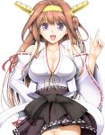  1girl bare_shoulders breasts brown_hair cleavage detached_sleeves double_bun hairband headgear japanese_clothes kantai_collection kongou_(kantai_collection) large_breasts long_hair nekopenguin nontraditional_miko open_mouth panties ribbon-trimmed_sleeves ribbon_trim skirt smile solo underwear violet_eyes white_panties 