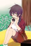  1girl amaama_to_inazuma black_hair braid chiri+ eating glasses green_eyes hair_over_shoulder highres iida_kotori legs_together long_hair looking_at_viewer petals picnic red-framed_eyewear semi-rimless_glasses single_braid sitting sleeves_rolled_up solo track_suit twin_braids under-rim_glasses 