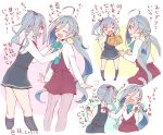  2girls adjusting_another&#039;s_clothes ahoge belt black_legwear blue_hair bow bowtie closed_eyes colis comic commentary_request dress eating food food_on_face grey_eyes grey_hair hair_between_eyes heart kantai_collection kasumi_(kantai_collection) kiyoshimo_(kantai_collection) kneehighs long_hair long_sleeves low_twintails multicolored_hair multiple_girls onigiri open_mouth package pantyhose pinafore_dress purple_legwear remodel_(kantai_collection) shirt side_ponytail sleeveless sleeveless_dress translation_request twintails twitter_username very_long_hair white_shirt 