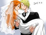  1boy 1girl 2015 bare_shoulders black_suit blonde_hair blush bouquet bridal_veil bride carrying couple dated dress elbow_gloves eye_contact flower formal gloves groom hair_over_one_eye looking_at_another nami_(one_piece) one_piece princess_carry sanji short_hair strapless strapless_dress suit veil wedding_dress white_dress white_gloves yamadaenako 
