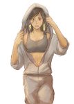  1girl anco_(platanity) bangs black_hair braid breasts brown_eyes collarbone cowboy_shot crop_top dark_skin eye_of_horus facial_mark facial_tattoo hair_tubes jumpsuit midriff overwatch pharah_(overwatch) side_braids simple_background solo sweatdrop tattoo white_background 