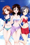  3girls :d absurdres ass_visible_through_thighs azumi_(girls_und_panzer) bikini black_hair blue_bikini blue_eyes bracelet breasts brown_hair cleavage clouds front-tie_top girls_und_panzer glasses grey_eyes hand_on_hip happy highres jewelry locked_arms looking_at_viewer megami megumi_(girls_und_panzer) multiple_girls navel official_art open_mouth red_bikini rumi_(girls_und_panzer) sarong scan sky smile standing standing_on_one_leg swimsuit thigh_gap white_bikini yamaguchi_asuka 