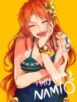  1girl bangle bikini_top blush bracelet breasts character_name chin_rest cleavage closed_eyes flower hair_flower hair_ornament happy happy_birthday jewelry large_breasts laughing long_hair nami_(one_piece) norimaki_(seidan0611) one_piece orange_hair smile solo tattoo yellow_background 