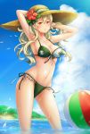  1girl animal arm_behind_head arm_up armpits ball bangs beach beachball bikini bird blonde_hair blush breasts chawa_(sawa) cleavage closed_mouth clouds collarbone cute eyelashes female_my_unit_(fire_emblem_if) fire_emblem fire_emblem_if flower front-tie_bikini front-tie_top green_bikini groin hair_between_eyes hairband hand_in_hair hat hat_flower hat_ribbon hibiscus highres intelligent_systems long_hair looking_at_viewer my_unit_(fire_emblem_if) navel nintendo ocean outdoors pointy_ears red-framed_eyewear red_eyes ribbon shiny shiny_skin side-tie_bikini sky smile solo standing stomach straw_hat string_bikini summer sunlight swimsuit wading water wavy_hair wet 
