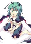  1girl :d antennae barefoot black_pants blush cape commentary_request full_body green_eyes green_hair looking_at_viewer open_mouth pants shirt short_hair short_sleeves shorts sitting smile solo suichuu_hanabi touhou wariza white_background white_shirt wriggle_nightbug 