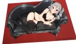  1girl absurdres black_bra black_legwear black_panties blush bow bow_panties bra breasts cleavage couch drill_hair hair_ribbon highres idolmaster idolmaster_cinderella_girls kanzaki_ranko lace lace-trimmed_bra lace-trimmed_thighhighs large_breasts long_hair looking_at_viewer lying masamuuu navel no_shoes on_side panties red_eyes ribbon ribbon-trimmed_thighhighs silver_hair solo strap_slip thigh-highs twin_drills twintails underwear underwear_only 