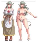  1girl :d animal_ears bag bell bell_collar bikini blush boots bow breasts brown_boots choker cleavage collar commentary_request cow_ears cow_print cow_tail cross-laced_footwear dress full_body grey_hair groin lace-up_boots long_hair looking_at_viewer navel open_mouth outstretched_arm red_bow rozen_maiden shopping_bag simple_background smile solo suigintou swimsuit tail tsuda_nanafushi variations violet_eyes white_background 