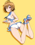  1girl ahoge ass bikini breasts brown_hair highres ibuki_tsubasa idolmaster idolmaster_million_live! leg_up looking_at_viewer puge red_eyes sailor_bikini sailor_swimsuit_(idolmaster) sandals short_hair simple_background smile solo swimsuit 