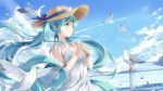  1girl animal aqua_eyes aqua_hair bangs bead_bracelet bird blue_ribbon blue_sky blush bottle bracelet clouds condensation_trail dress eyelashes flat_chest floating_hair flower from_side glass glass_bottle hair_between_eyes hat hat_flower hat_ribbon hatsune_miku highres holding holding_bottle jewelry k.syo.e+ lens_flare long_hair motion_blur necklace ocean outdoors parted_lips railing ribbon scroll seagull sky sleeveless sleeveless_dress straw_hat summer sundress tower twintails typo upper_body very_long_hair vocaloid water_drop white_dress wind 