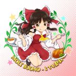  1girl :q ascot bare_shoulders blush bow brown_eyes brown_hair cup detached_sleeves folded_leg food fork fukaiton hair_bow hair_tubes hakurei_reimu halftone halftone_background knife looking_at_viewer pink_background solo teacup tongue tongue_out touhou turkey_(food) 