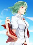  1girl ascot asu_tora flower green_hair highres kazami_yuuka plaid plaid_skirt plaid_vest red_eyes shirt short_hair short_sleeves skirt skirt_set solo sunflower touhou vest vest_removed wind 