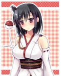  1girl bare_shoulders black_hair blush breasts commentary_request detached_sleeves hair_ornament japanese_clothes kantai_collection large_breasts nontraditional_miko obi poke_ball pokemon red_eyes sakura_umi sash short_hair solo upper_body yamashiro_(kantai_collection) 