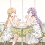  2girls ayase_eli bangs bare_shoulders blue_eyes blush breast_rest breasts dress green_eyes hair_down highres looking_at_viewer love_live! love_live!_school_idol_project low_twintails multiple_girls purple_hair sideboob small_breasts smile sundress swept_bangs toujou_nozomi twintails white_dress yohan1754 
