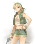  1girl bandana blonde_hair didloaded gun hand_on_hip handgun kasamoto_eri metal_slug midriff navel ponytail revolver solo twitter_username weapon 