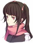  1girl artist_request bangs black_coat black_hair blunt_bangs coat eyebrows eyebrows_visible_through_hair frown hair_ribbon pink_eyes pink_scarf ribbon scarf senki_zesshou_symphogear sidelocks solo source_request sweat sweatdrop tsukuyomi_shirabe twintails upper_body white_background winter_clothes winter_coat 