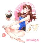  1girl :3 adapted_costume bangs bare_shoulders barefoot blue_swimsuit bottle breasts brown_hair bunny_print casual_one-piece_swimsuit character_name coconut d.va_(overwatch) deary_me drinking_straw facepaint facial_mark fingernails flower from_side full_body groin hair_over_shoulder halterneck hand_on_own_knee highres legs legs_together long_hair looking_at_viewer lotion medium_breasts one-piece_swimsuit orange_eyes outstretched_arms overwatch parted_lips simple_background sitting solo spill spilling sunscreen swimsuit turtleneck twitter_username whisker_markings white_background 