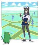  1girl baseball_cap brown_hair cosplay female_protagonist_(pokemon_go) female_protagonist_(pokemon_go)_(cosplay) green_eyes hat highres holding holding_poke_ball idolmaster idolmaster_cinderella_girls long_hair map parody pina_korata poke_ball pokemon pokemon_go shibuya_rin smile solo takahashi_ren 