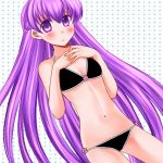  1girl 74 absurdly_long_hair bikini black_bikini blush breasts cleavage embarrassed fire_emblem fire_emblem:_fuuin_no_tsurugi hands_together long_hair navel polka_dot polka_dot_background purple_hair simple_background sofiya solo swimsuit very_long_hair violet_eyes 