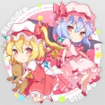  2girls 6u_(eternal_land) ascot bat_wings blonde_hair blue_hair blush bobby_socks bow brooch character_name chibi commentary_request crystal flandre_scarlet frilled_shirt_collar frills hat hat_ribbon jewelry lowres mary_janes mob_cap multiple_girls puffy_short_sleeves puffy_sleeves red_bow red_eyes red_ribbon red_shoes remilia_scarlet ribbon shoes short_hair short_sleeves siblings side_ponytail sisters skirt skirt_set smile socks stuffed_animal stuffed_toy teddy_bear touhou white_legwear wings wrist_cuffs 
