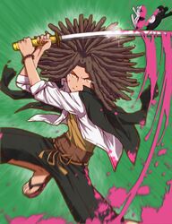  1boy banchii brown_hair dangan_ronpa dangan_ronpa_1 dark_skin green_background hagakure_yasuhiro hairlocs haramaki highres jacket_on_shoulders long_hair monokuma pink_blood sandals simple_background sword weapon yellow_eyes 