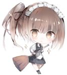  &gt;:o 1girl :o akaki_aoki apron bangs blush broom brown_eyes brown_hair chibi commentary_request dress long_sleeves looking_at_viewer maid maid_headdress original side_ponytail simple_background solo sparkle waist_apron white_background 